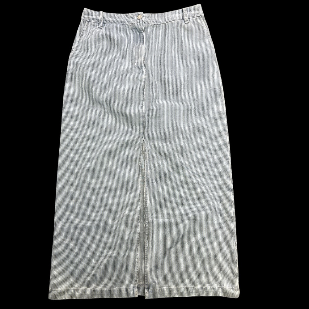 Anthropologie Self Contrast Skirt L‎ Blue White Stripe Jean Midi Front Slit